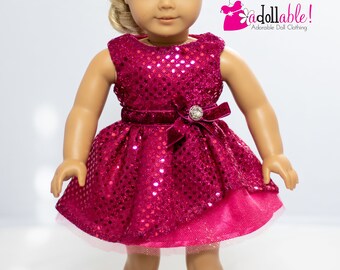 Fits like American Girl doll clothes/ 18 inch doll clothes/ Holiday Sparkle Hot Pink Christmas Dress