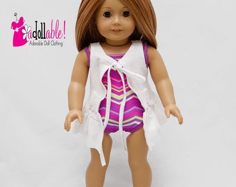 Fits like American Girl doll clothes/ 18 inch doll clothes/ Purple Jazz Swimming Suit and White Cover-Up