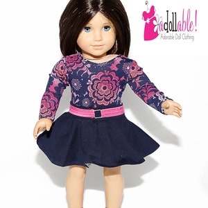 Fits like American Girl doll clothes/ 18 inch doll clothes/ Navy Floral Top with Navy Skater Skirt image 1