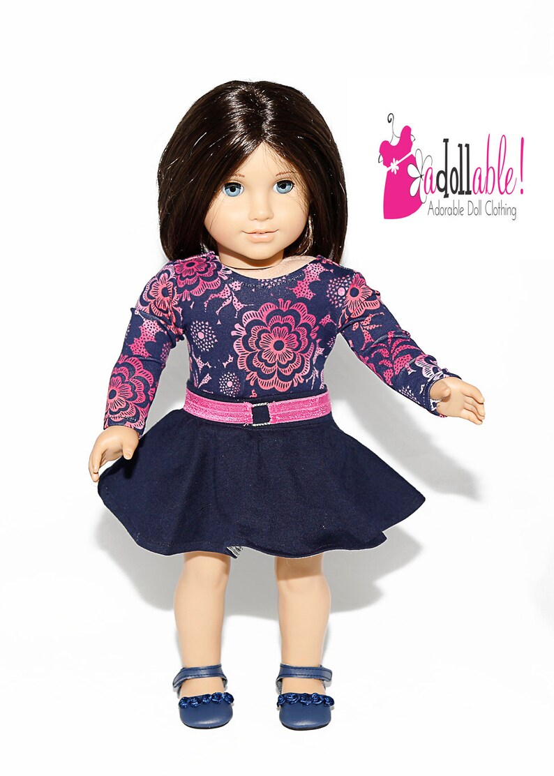 Fits like American Girl doll clothes/ 18 inch doll clothes/ Navy Floral Top with Navy Skater Skirt image 1