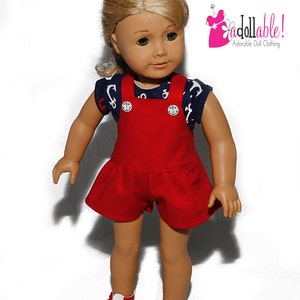 Fits like American Girl doll clothes/ 18 inch doll clothes/ Navy Nautical Top and Red Shortalls