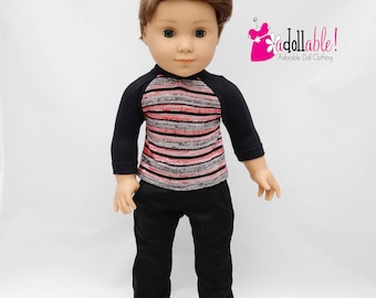 Fits like American boy doll clothes/ 18 inch boy doll clothes/ Striped Baseball Tee and Black Long Pants Separates