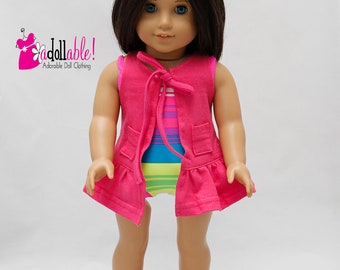 Fits like American Girl doll clothes/ 18 inch doll clothes/ Pretty in Stripes Swimming Suit and Hot Pink Cover-Up