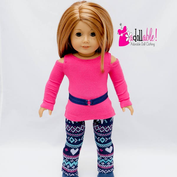 Fits like American Girl doll clothes/ 18 inch doll clothes/ Hot Pink Open Shoulder Top with Navy Blue/Hot Pink Leggings