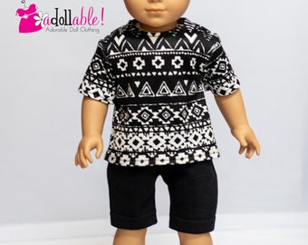 Fits like American boy doll clothes/ 18 inch boy doll clothes/ Artistry in Black/White T-shirt with Black Knit Shorts