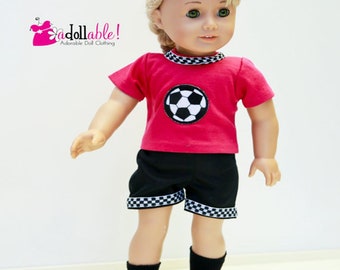 Fits like American Girl doll clothes/ 18 inch doll clothes/ Hot Pink/Black Soccer Outfit