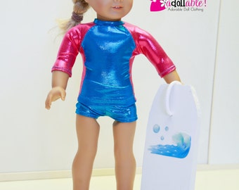 Fits like American Girl doll clothes/ 18 inch doll clothes/ Hot Pink/Turquoise Rash Guard with Matching Boy-Cut Shorts