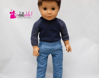 Si adatta come i vestiti per le bambole American Boy / vestiti per le bambole da 18 pollici / maglietta da baseball Navy Eclipse e jeans in denim azzurro separati