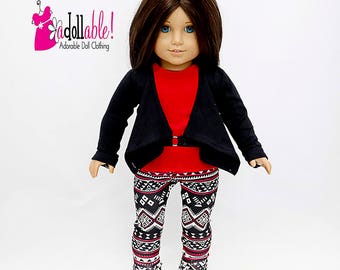 Fits like American Girl doll clothes/ 18 inch doll clothes/ Black Jacket, Red Top, with Red/Black/White Leggings