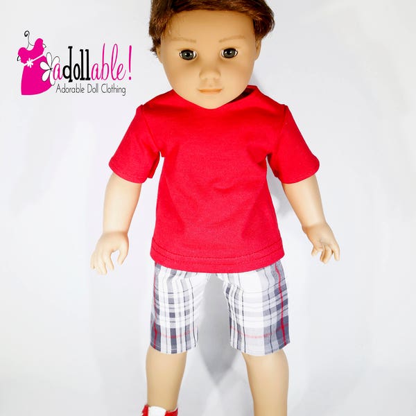 Fits like American boy doll clothes/ 18 inch boy doll clothes/ Red Top and Red/White/Gray Plaid Bermuda shorts