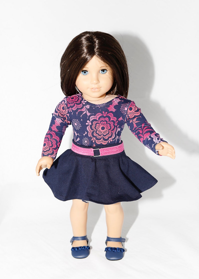 Fits like American Girl doll clothes/ 18 inch doll clothes/ Navy Floral Top with Navy Skater Skirt image 2