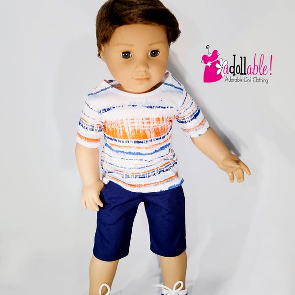 Fits like American boy doll clothes/ 18 inch boy doll clothes/ Orange/Navy/White Striped T-shirt and Navy Shorts