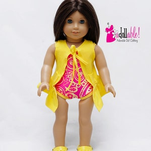 Fits like American Girl doll clothes/ 18 inch doll clothes/ Lava Sunset Swimming Suit and Yellow Cover-Up