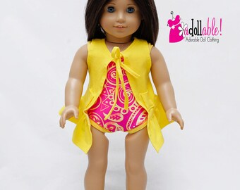 Fits like American Girl doll clothes/ 18 inch doll clothes/ Lava Sunset Swimming Suit and Yellow Cover-Up