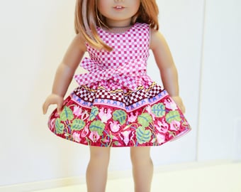 Fits like American Girl doll clothes/ 18 inch doll clothes/ Raspberry Border Print Dress