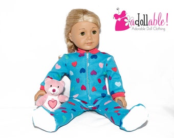 Fits like American Girl doll clothes/ 18 inch doll clothes/ Turquoise Hearts Footed Pajamas