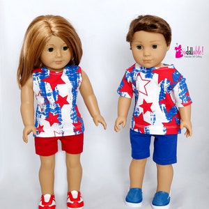 Fits like American Girl doll clothes/ 18 inch doll clothes/ Red Stars on Blue Tie-Dye Background, His/Hers doll clothing