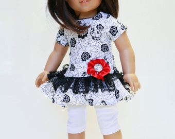 Fits like American Girl doll clothes/ 18 inch doll clothes/ Black/White Print Top with White Capris