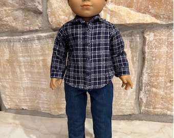 Fits like American boy doll clothes/ 18 inch doll clothes/ Lumberjack Logan's Long-Sleeve Flannel Shirt in Navy Blue