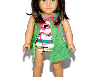 Fits like American Girl doll clothes/ 18 inch doll clothes/ Heart Swimming Suit and Green Cover-Up