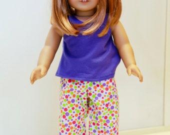 Fits like American Girl doll clothes/ 18 inch doll clothes/ Doll Pajamas with Purple Sleeveless Top and Polka Dot Bottoms