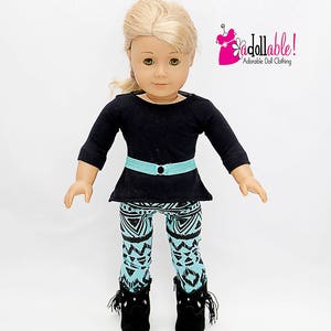 Se adapta a la ropa de muñecas American Girl/ropa de muñecas de 18 pulgadas/Top asimétrico negro con leggings inspirados en los aztecas en verde azulado/negro