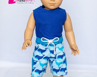 Fits like American boy doll clothes / 18 inch boy doll clothes / Whale Pod Board Shorts with Royal Blue Tank Top