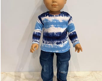 Pasuje jak ubranka dla lalki American Boy/ubranka dla lalki Boy 18 cali/sukienka Sky High Tie-Dye i sprane dżinsy.