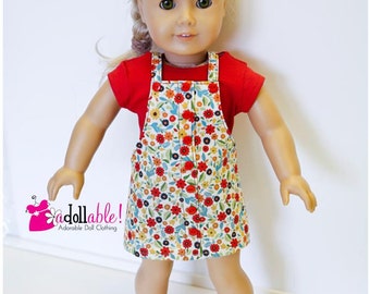 18 Inch Doll Clothes: Red Top, Floral Jumper Outfit