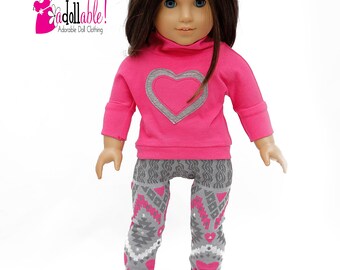 Fits like American Girl doll clothes/ 18 inch doll clothes/ 1980's outfit/ Pink Heart Sweatshirt with Pink/Gray/White Leggings