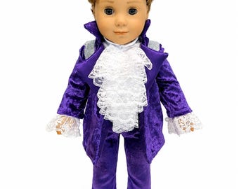 18 Inch Doll Prince Outfit: Purple Velour Suit, Lace Trim, American Doll Clothes