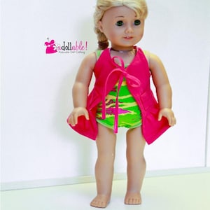 Fits like American Girl doll clothes/ 18 inch doll clothes/ Beach Ready Swimming Suit with Hot Pink Cover-Up