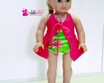 Fits like American Girl doll clothes/ 18 inch doll clothes/ Beach Ready Swimming Suit with Hot Pink Cover-Up