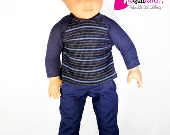 Fits like American boy doll clothes/ 18 inch boy doll clothes/ Navy Baseball Tee and Navy Long Pants Separates