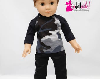 Fits like American boy doll clothes/ 18 inch boy doll clothes/ Black Camouflage Baseball Tee