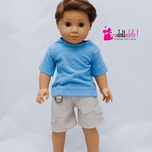 Fits like American boy doll clothes/ 18 inch boy doll clothes/ Powder Blue Flecked T-shirt and Tan Cargo Shorts