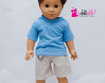 Fits like American boy doll clothes/ 18 inch boy doll clothes/ Powder Blue Flecked T-shirt and Tan Cargo Shorts