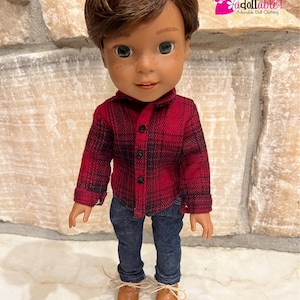 Fits like American boy doll clothes/ 14.5 inch doll clothes/ Lumberjack Bryant's Red/Black Flannel Shirt and Medium Blue Denim Jeans