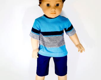 Fits like American boy doll clothes/ 18 inch boy doll clothes/ Turq/Navy Striped T-shirt and Navy Blue Bermuda Shorts