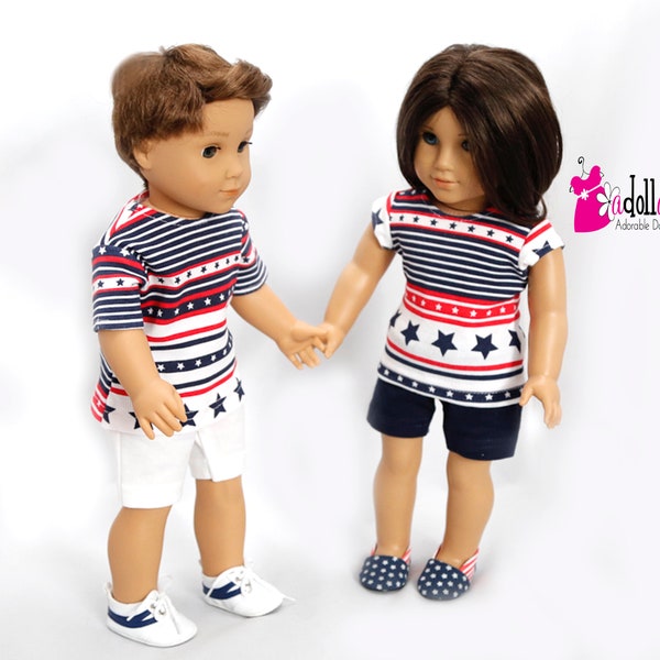 Fits like American Girl doll clothes/ 18 inch doll clothes/ Stars & Stripes Tops with Knit shorts, His/Hers doll clothing