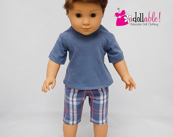 Fits like American boy doll clothes/ 18 inch doll clothes/ Dusty Blue Top and Blue/Coral/White Plaid Bermuda Shorts