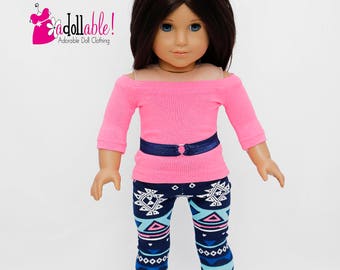 Fits like American Girl doll clothes/ 18 inch doll clothes/ Neon Pink Boatneck Top with Pink/Navy/Teal Leggings