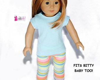 Passt wie American Girl Puppenkleidung / 18 Zoll Puppenkleidung / Passend für Bitty Baby Auch / Taubenblaues Top mit Pastell Gestreiften Capris