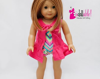 Fits like American Girl doll clothes/ 18 inch doll clothes/ Neon Gypsy Swimming Suit with Hot Pink Cover-Up