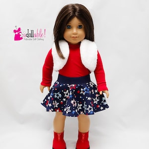 Fits like American Girl doll clothes/ 18 inch doll clothes/ Red Turtleneck, White Fur Shrug with Star Skater Skirt