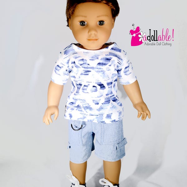 Fits like American boy doll clothes/18 inch boy doll clothes/ Light Blue Tie-Dye Shirt and Denim Cargo Shorts