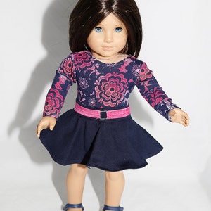 Fits like American Girl doll clothes/ 18 inch doll clothes/ Navy Floral Top with Navy Skater Skirt image 5