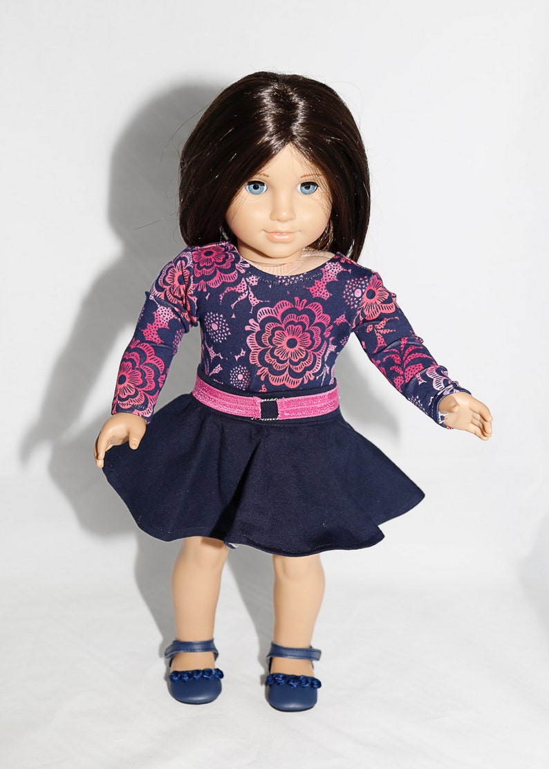 Fits like American Girl doll clothes/ 18 inch doll clothes/ Navy Floral Top with Navy Skater Skirt image 5