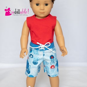 Fits like American boy doll clothes / 18 inch boy doll clothes / Jazzy Jellyfish Board Shorts with Red Tank Top