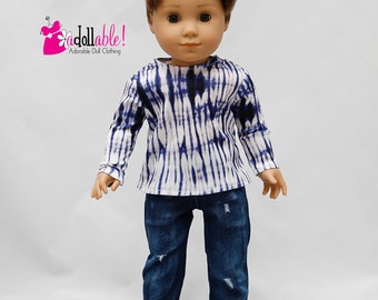 Fits like American boy doll clothes/ 18 inch boy doll clothes/ Sky High Tie-Dye Shirt and Distressed Jeans